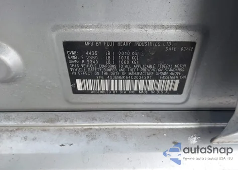 2012 Subaru Legacy 2.5I Limited из США, поврежденный, VIN 4S3BMBK64C3034391